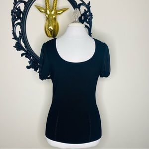 White House Black Market Short Sleeve Black Shirt with Sheer Sleeves